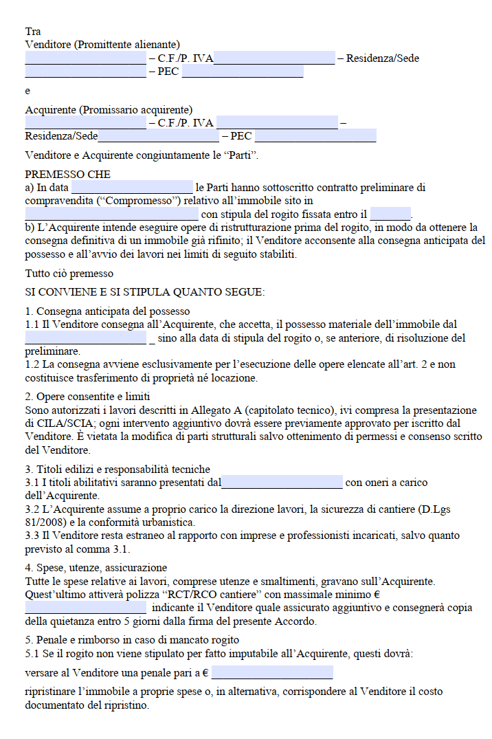 Fac Simile Scrittura Privata per Lavori Prima del Rogito