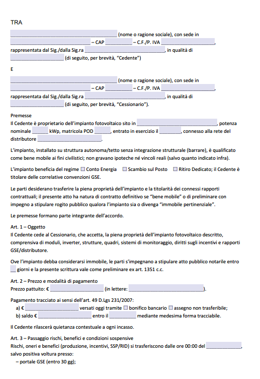 Scrittura Privata Cessione Impianto Fotovoltaico