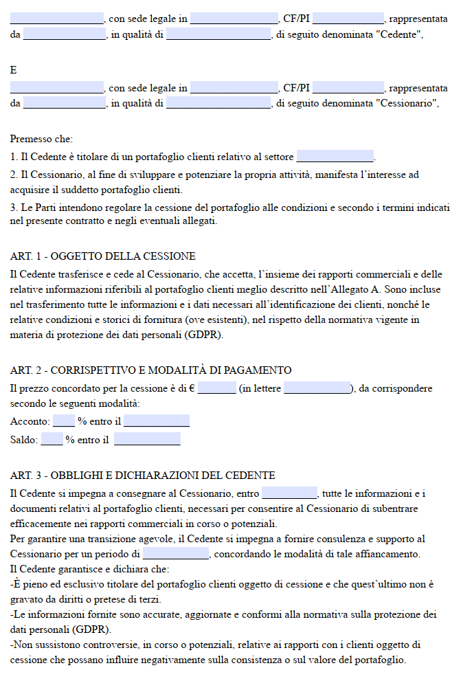 Scrittura Privata Cessione Pacchetto Clienti