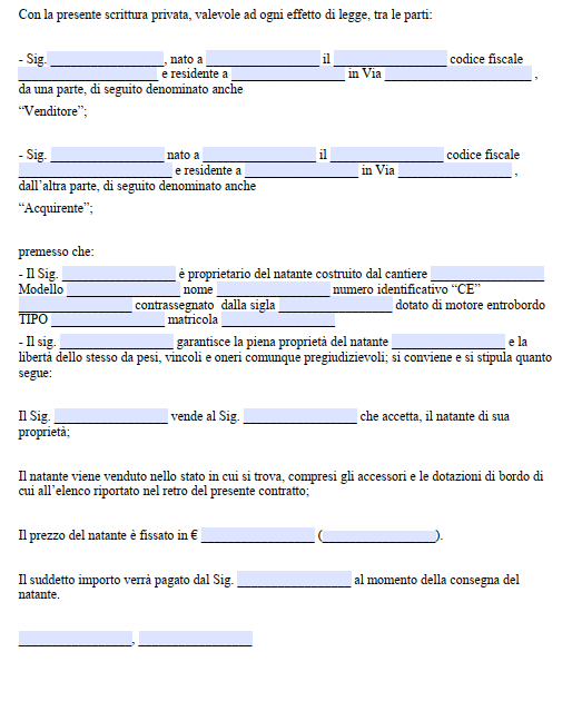 Scrittura Privata per Vendita Natante