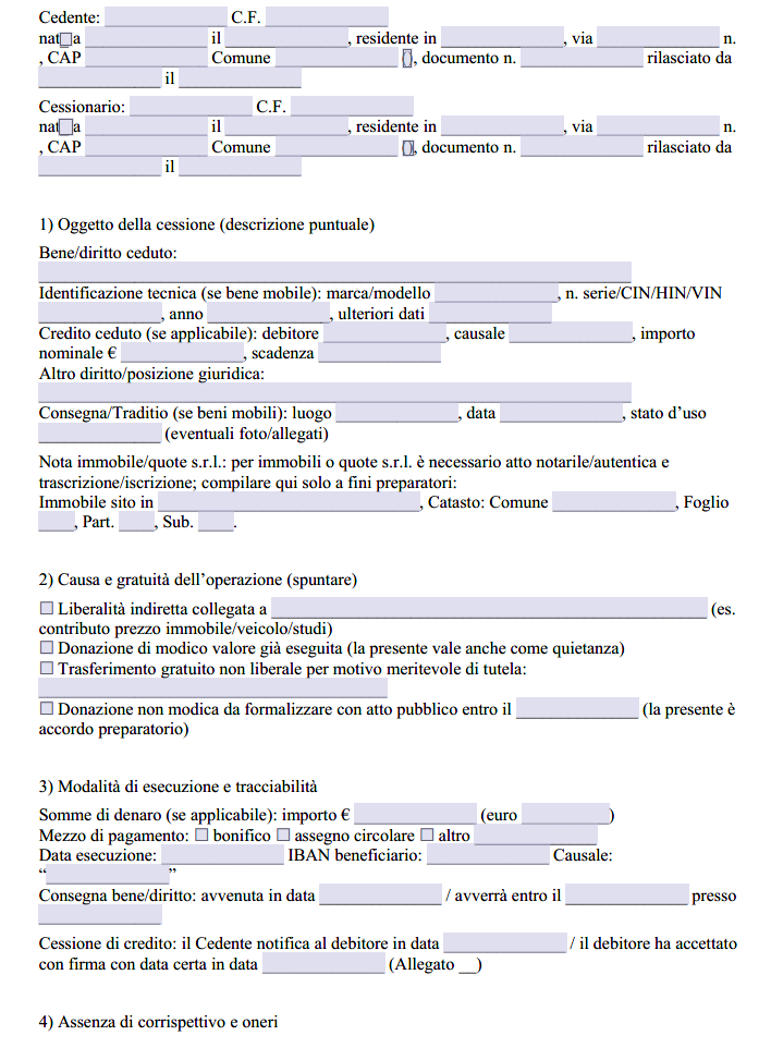 Scrittura Privata per Cessione a Titolo Gratuito