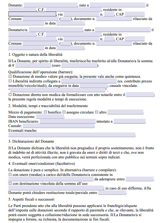 Scrittura Privata per Donazione Denaro