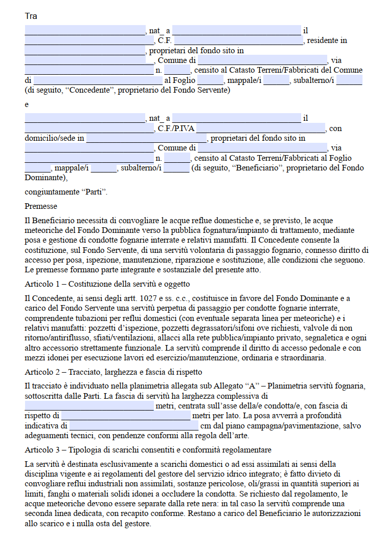 Scrittura Privata per Servitù di Passaggio Fognatura
