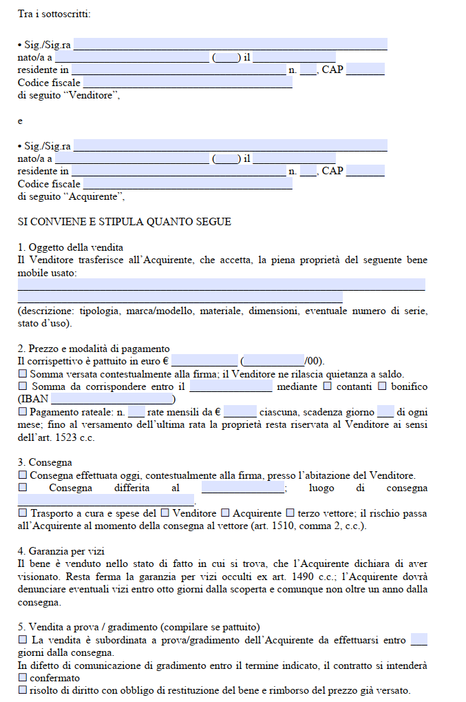 Scrittura Privata per Vendita Mobili