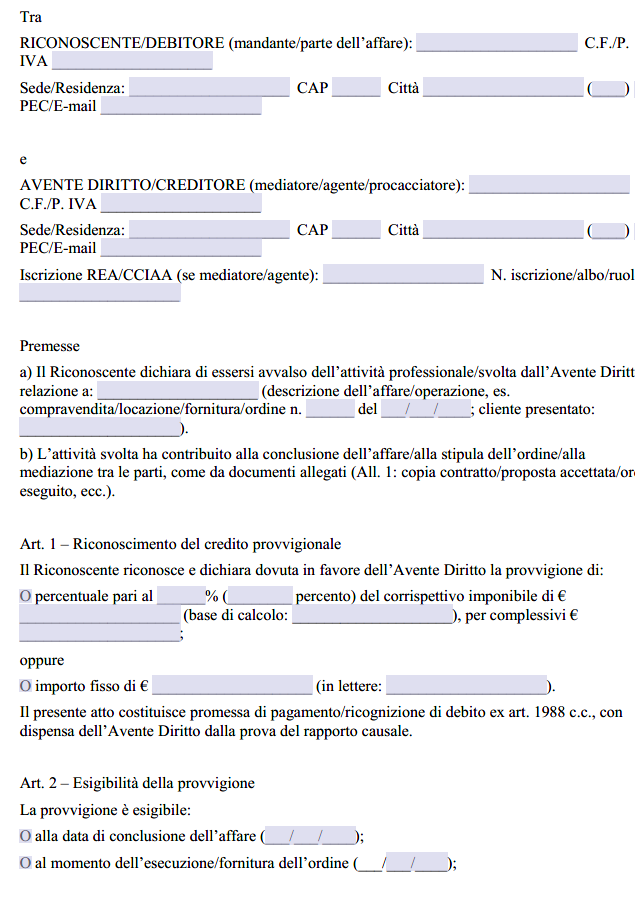 Scrittura Privata per Riconoscimento Provvigioni