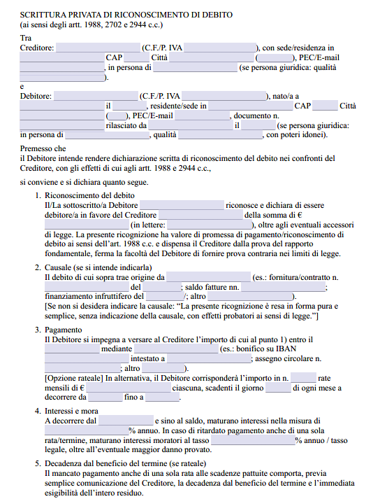 Scrittura Privata Riconoscimento Debito